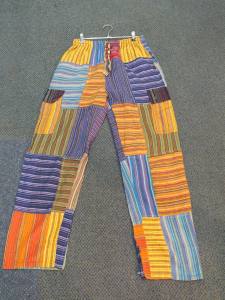 Unisex patchwork pants great for guys and gals of any age made in Nepal for our store great price at only $35